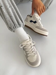 撞色前綁帶板鞋,淺褐色競技撞色女士休閒運動鞋 - 米色 - 查看 5