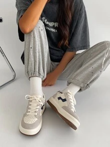 撞色前綁帶板鞋,淺褐色競技撞色女士休閒運動鞋 - 米色 - 查看 6