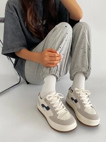 撞色前綁帶板鞋,淺褐色競技撞色女士休閒運動鞋 - 米色 - 查看 7