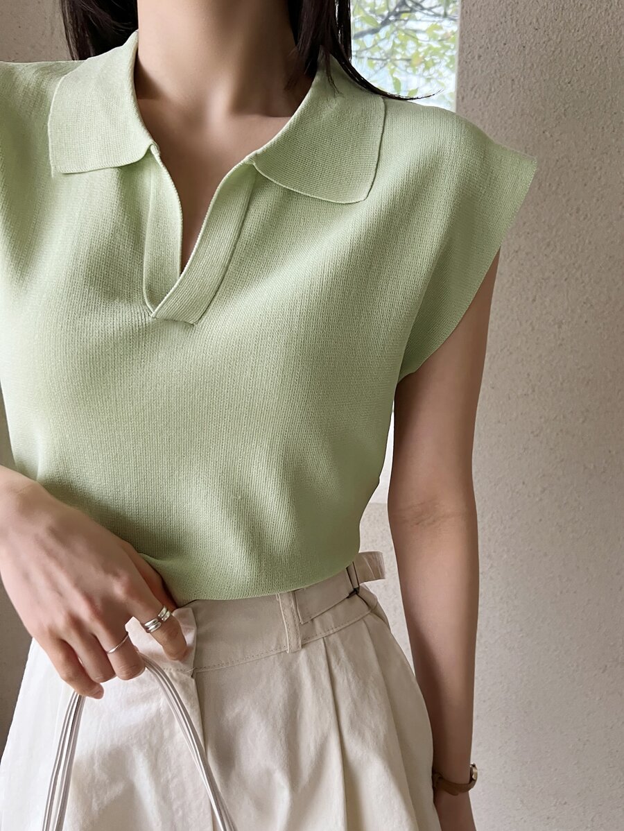 Dazy-Less 1pc Women Business Casual Short Sleeve Pullover Knitted Sweater Top Old Money Style - Green - View 1