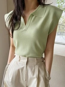 Dazy-Less 1pc Women Business Casual Short Sleeve Pullover Knitted Sweater Top Old Money Style - Green - View 3