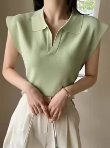 Dazy-Less 1pc Women Business Casual Short Sleeve Pullover Knitted Sweater Top Old Money Style - Green - View 6