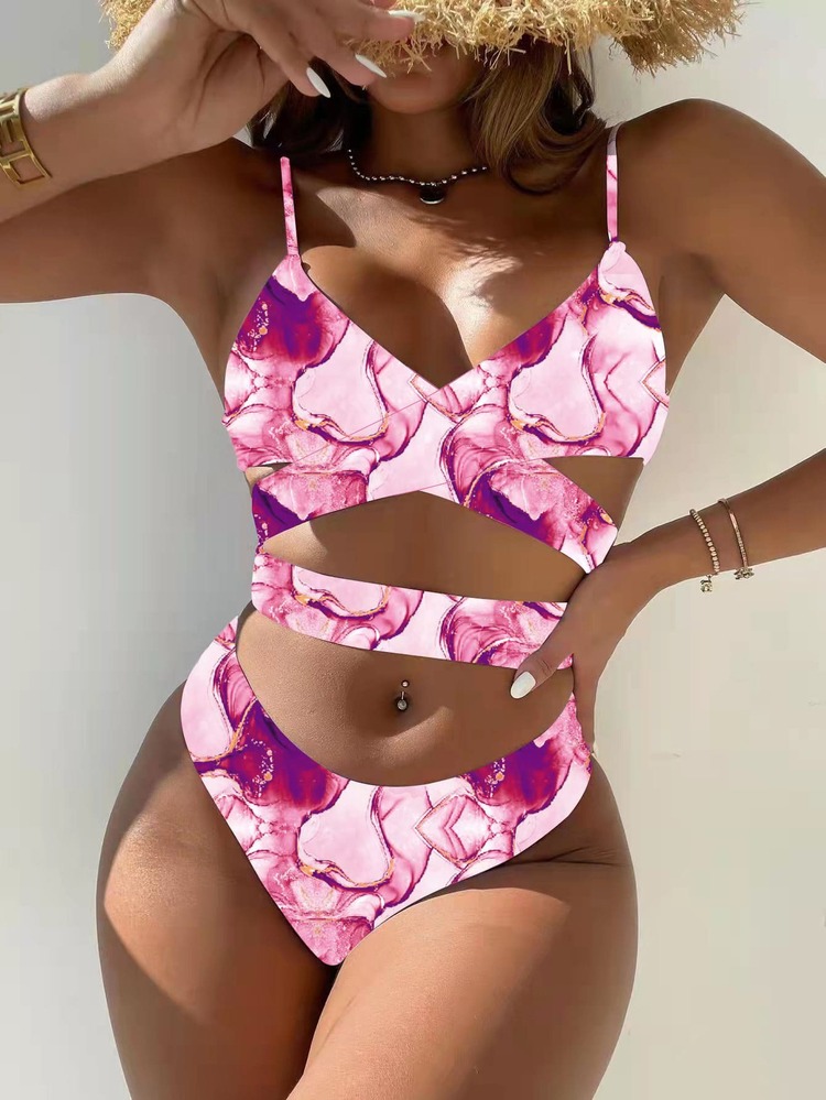 Marble Print Wrap Bikini For Summer Beach - Multicolor - View 1