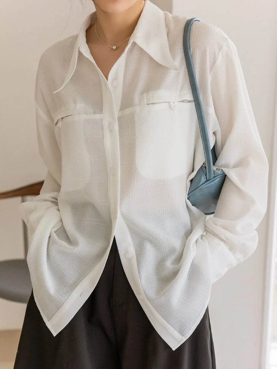 DAZY Camisa con bolsillo oculto con botón delantero de hombros caídos - Blanco - Ver 1