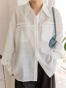 DAZY Camisa con bolsillo oculto con botón delantero de hombros caídos - Blanco - Ver 6