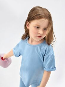 SHEIN Young Girl Drop Shoulder Tee & Leggings - Baby Blue - View 3