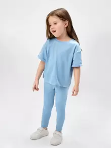 SHEIN Young Girl Drop Shoulder Tee & Leggings - Baby Blue - View 4