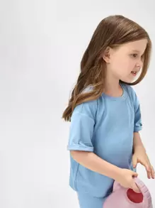 SHEIN Young Girl Drop Shoulder Tee & Leggings - Baby Blue - View 6