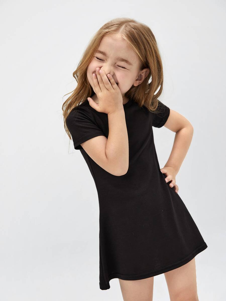 SHEIN Young Girl Toddler Girls Solid Tee Dress - Black - View 1