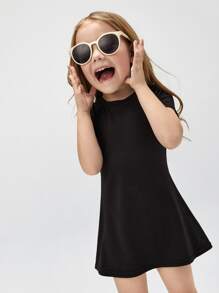 SHEIN Young Girl Toddler Girls Solid Tee Dress - Black - View 4