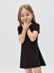 SHEIN Young Girl Toddler Girls Solid Tee Dress - Black - View 5
