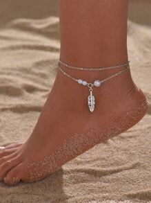 2入組假珍珠裝飾葉子吊墜腳鍊 - 銀色 - 查看 1