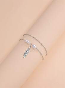 2入組假珍珠裝飾葉子吊墜腳鍊 - 銀色 - 查看 2