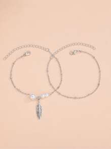 2入組假珍珠裝飾葉子吊墜腳鍊 - 銀色 - 查看 3