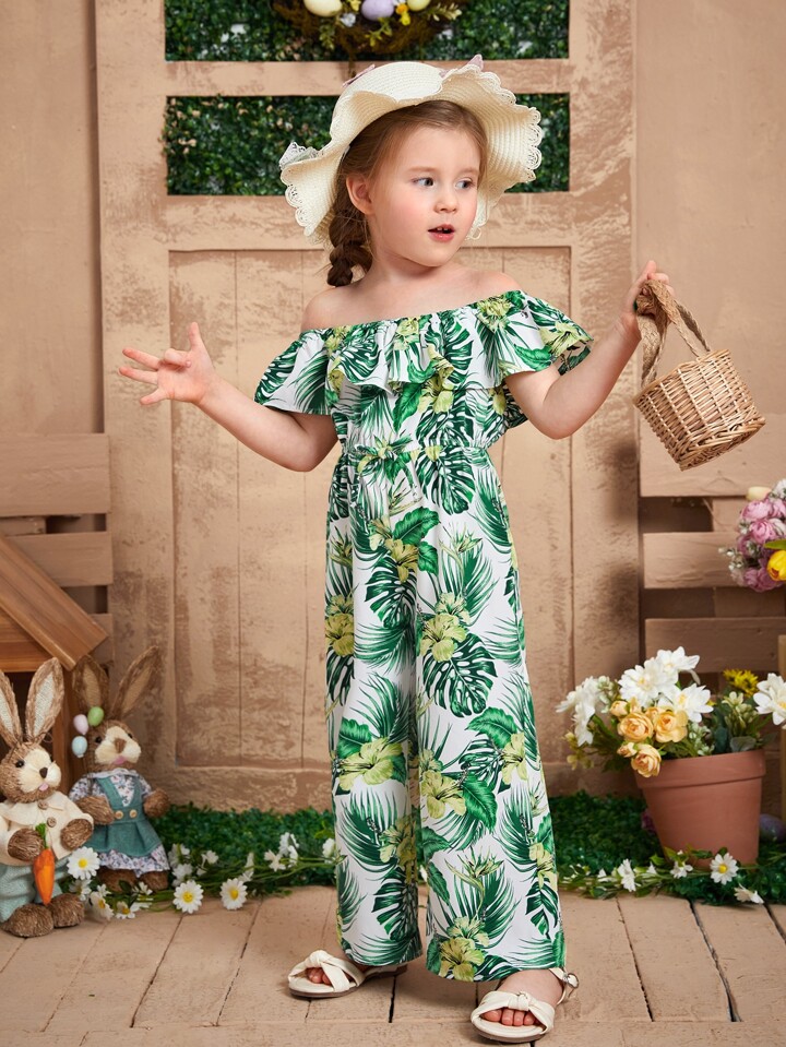 SHEIN 女の子幼児 熱帯風景プリント オフショルダー フリル