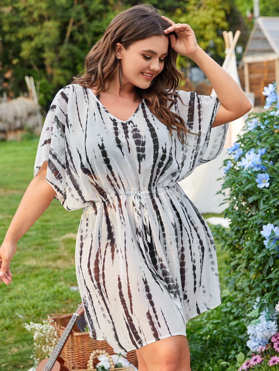 SHEIN Swim Curve Plus Tie Dye Dolman Sleeve Cover Up Without Bikini Set - Black and White - View 1