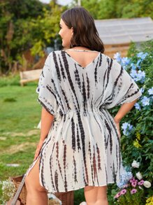 SHEIN Swim Curve Plus Tie Dye Dolman Sleeve Cover Up Without Bikini Set - Black and White - View 2
