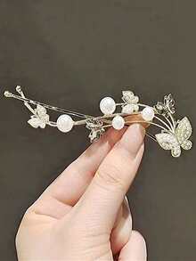 復古珍珠蝴蝶夾髮夾，半上髮髮飾，適用於優雅風格女性 - 金色 - 查看 2