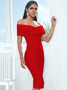 Off Shoulder Zip Back Bandage Dress - Red - View 3