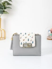 Tassel Decor Leaf Graphic Purse Credit Card Small Purse ID Window Bi-Fold Women Wallet Portable Money Cash White-Collar Workers For Male College Work Business Commute Office For Anniversary  For Birthday Gift On Valentine Day Gift - Grey - View 1