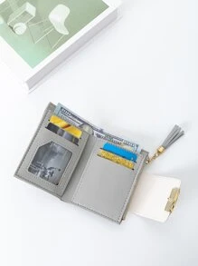 Tassel Decor Leaf Graphic Purse Credit Card Small Purse ID Window Bi-Fold Women Wallet Portable Money Cash White-Collar Workers For Male College Work Business Commute Office For Anniversary  For Birthday Gift On Valentine Day Gift - Grey - View 2