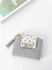 Tassel Decor Leaf Graphic Purse Credit Card Small Purse ID Window Bi-Fold Women Wallet Portable Money Cash White-Collar Workers For Male College Work Business Commute Office For Anniversary  For Birthday Gift On Valentine Day Gift - Grey - View 3