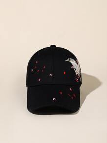 仙鶴和花卉刺繡棒球帽 - 黑色 - 查看 2