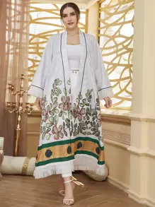 Al Najma 大碼1入組撞色滾邊植物圖案網紗邊阿拉伯罩袍 - 淺灰色 - 查看 1