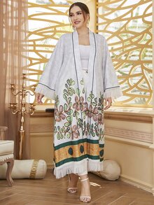 Al Najma 大碼1入組撞色滾邊植物圖案網紗邊阿拉伯罩袍 - 淺灰色 - 查看 3
