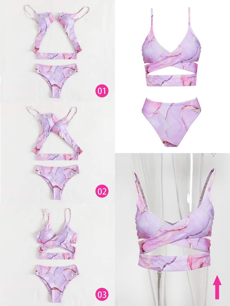 Marble Print Criss Cross Bikini Set, For Summer Beach Vacation - Multicolor - View 8