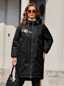 大码图案印花插肩袖抽绳连帽夹棉大衣 - 黑色 - 查看 1