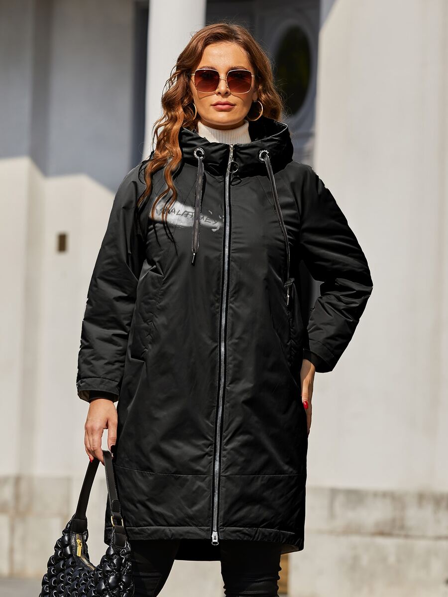 大码图案印花插肩袖抽绳连帽夹棉大衣 - 黑色 - 查看 1