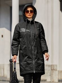 大码图案印花插肩袖抽绳连帽夹棉大衣 - 黑色 - 查看 4