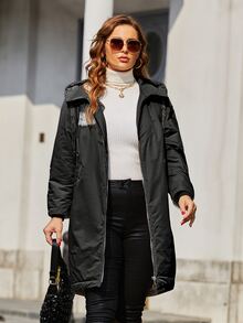 大码图案印花插肩袖抽绳连帽夹棉大衣 - 黑色 - 查看 5