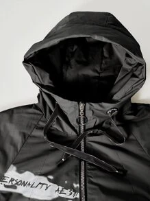 大码图案印花插肩袖抽绳连帽夹棉大衣 - 黑色 - 查看 6