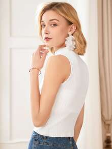 Knit Mix Chaleco de punto de cuello gargantilla tejido de canalé