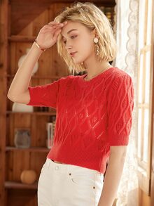 Knit Mix 素色網眼針織上衣不附帶內襯 - 紅色 - 查看 6