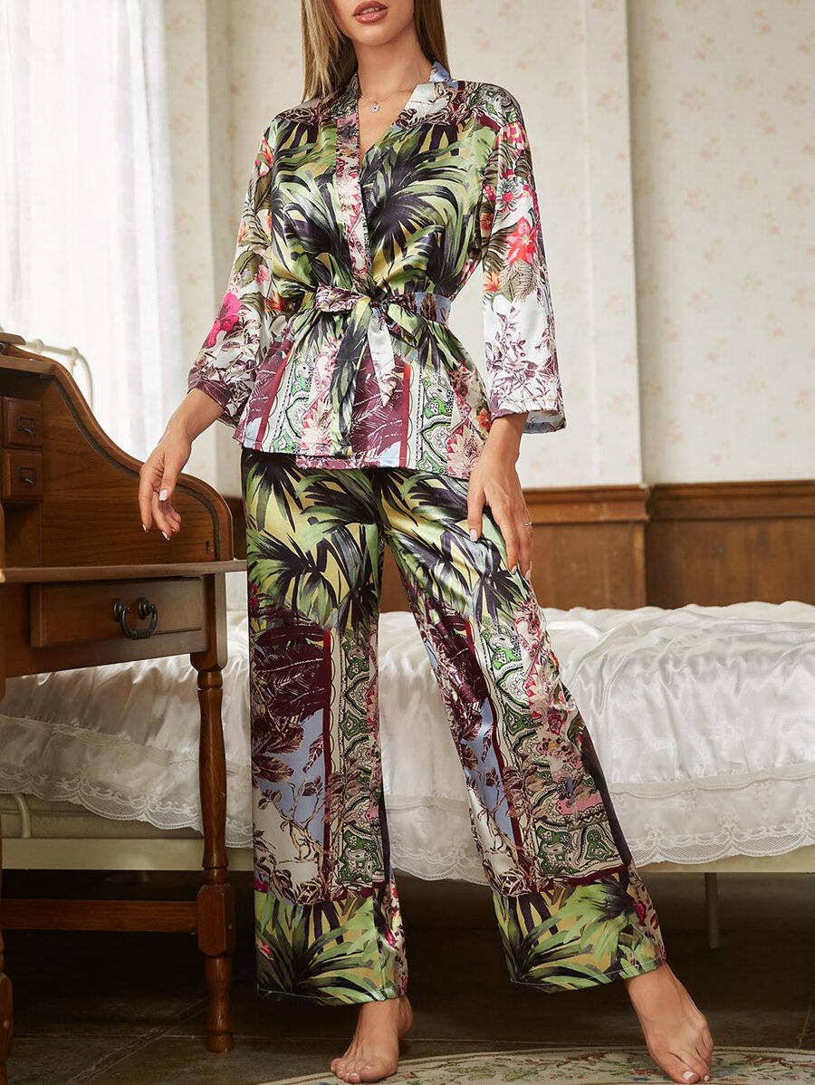 熱帶圖案腰帶家居服套裝 - 彩色 - 查看 1