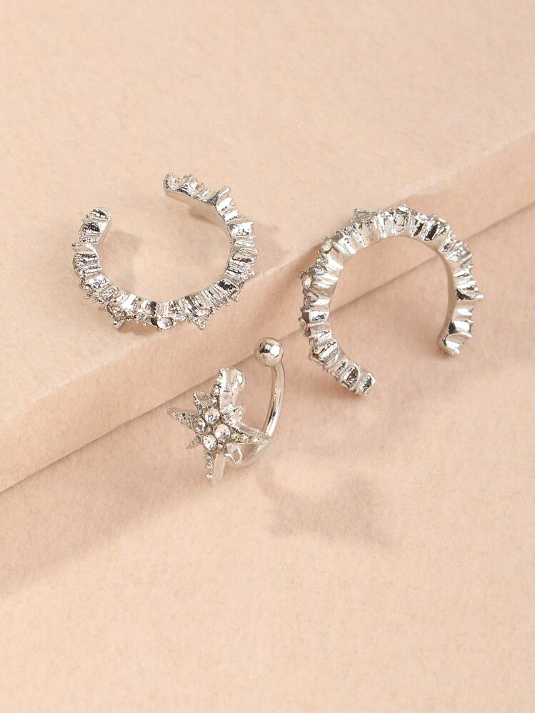 3入組水鑽裝飾耳骨夾 - 銀色 - 查看 3