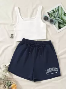 SHEIN Unity Tank Top & Letter Graphic Drawstring Waist Shorts - Blue and White - View 1