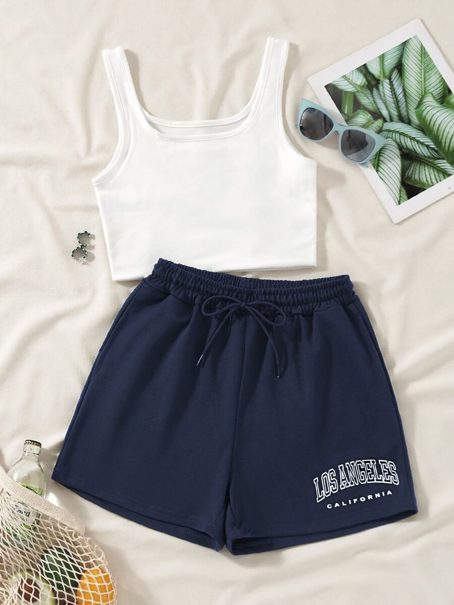 SHEIN Unity Tank Top & Letter Graphic Drawstring Waist Shorts - Blue and White - View 1