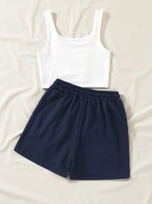 SHEIN Unity Tank Top & Letter Graphic Drawstring Waist Shorts - Blue and White - View 2