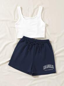 SHEIN Unity Tank Top & Letter Graphic Drawstring Waist Shorts - Blue and White - View 3