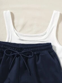 SHEIN Unity Tank Top & Letter Graphic Drawstring Waist Shorts - Blue and White - View 4