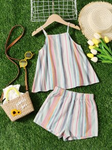 SHEIN Cô gái Tween Sọc cầu vồng Áo Cami & Quần short - Nhiều màu - Xem 2