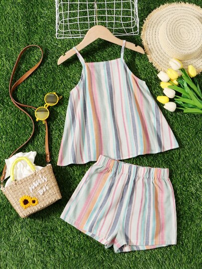 SHEIN Tween Girl Rainbow Striped Cami Top & Shorts
