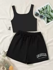 SHEIN Unity Bộ đồ 2 món áo ba lỗ thường ngày và quần short in chữ dành cho nữ - màu đen - Xem 1