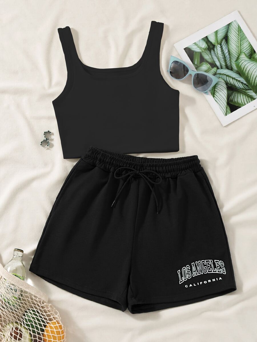 SHEIN Unity Bộ đồ 2 món áo ba lỗ thường ngày và quần short in chữ dành cho nữ - màu đen - Xem 1