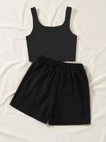 SHEIN Unity Bộ đồ 2 món áo ba lỗ thường ngày và quần short in chữ dành cho nữ - màu đen - Xem 2