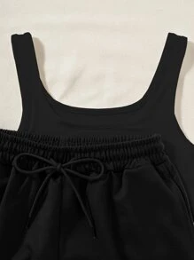 SHEIN Unity Bộ đồ 2 món áo ba lỗ thường ngày và quần short in chữ dành cho nữ - màu đen - Xem 4